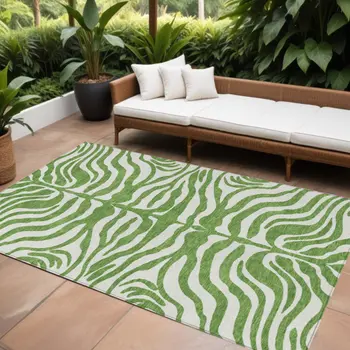 9' X 12' Green And Ivory Animal Print Washable Indoor Outdoor Area Rug