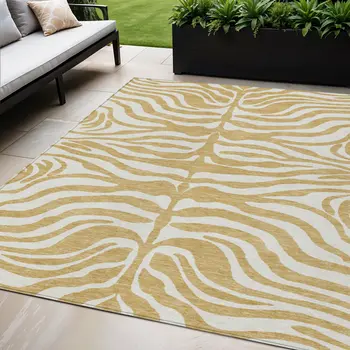 5' X 8' Gold And Ivory Animal Print Washable Indoor Outdoor Area Rug