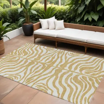 8' X 10' Gold And Ivory Animal Print Washable Indoor Outdoor Area Rug