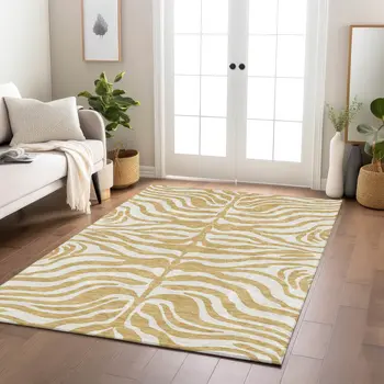10' X 14' Gold And Ivory Animal Print Washable Indoor Outdoor Area Rug