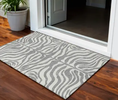 3' X 5' Gray And Ivory Animal Print Washable Indoor Outdoor Area Rug