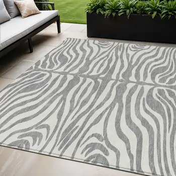 5' X 8' Gray And Ivory Animal Print Washable Indoor Outdoor Area Rug