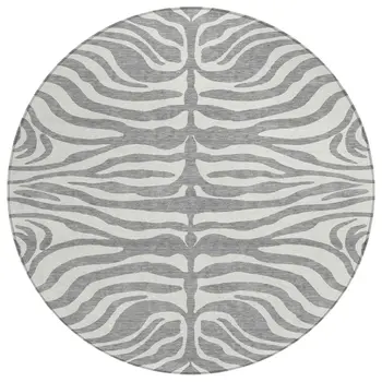 8' Gray And Ivory Round Animal Print Washable Indoor Outdoor Area Rug