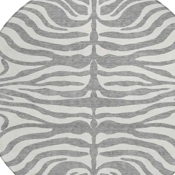 8' Gray And Ivory Round Animal Print Washable Indoor Outdoor Area Rug