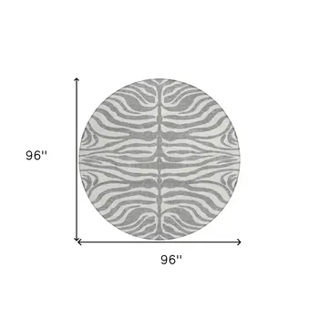 8' Gray And Ivory Round Animal Print Washable Indoor Outdoor Area Rug