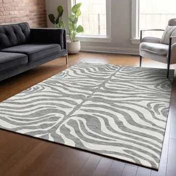 9' X 12' Gray And Ivory Animal Print Washable Indoor Outdoor Area Rug