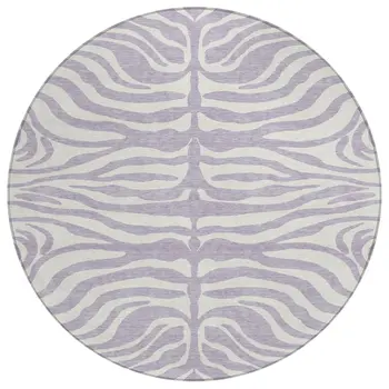 8' Lavender And Ivory Round Animal Print Washable Indoor Outdoor Area Rug