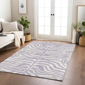 9' X 12' Lavender And Ivory Animal Print Washable Indoor Outdoor Area Rug