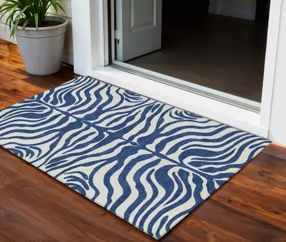 3' X 5' Navy Blue And Ivory Animal Print Washable Indoor Outdoor Area Rug