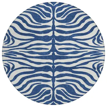 8' Navy Blue And Ivory Round Animal Print Washable Indoor Outdoor Area Rug