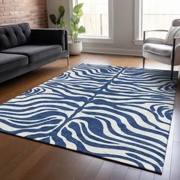 8' X 10' Navy Blue And Ivory Animal Print Washable Indoor Outdoor Area Rug