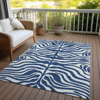 10' X 14' Navy Blue And Ivory Animal Print Washable Indoor Outdoor Area Rug