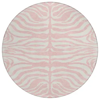 8' Pink And Gray Round Animal Print Washable Indoor Outdoor Area Rug