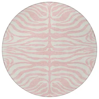 8' Pink And Gray Round Animal Print Washable Indoor Outdoor Area Rug