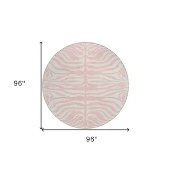 8' Pink And Gray Round Animal Print Washable Indoor Outdoor Area Rug