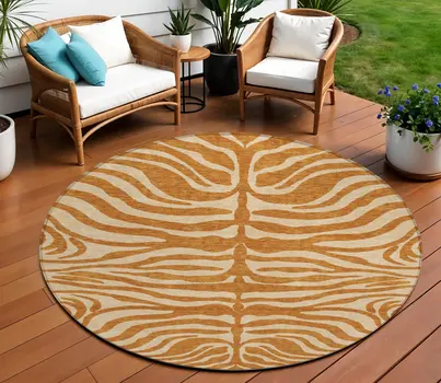 8' Copper And Tan Round Animal Print Washable Indoor Outdoor Area Rug