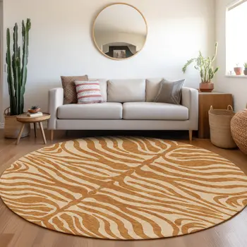 8' Copper And Tan Round Animal Print Washable Indoor Outdoor Area Rug