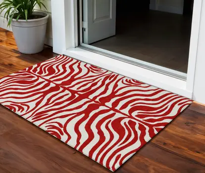 3' X 5' Red And Ivory Animal Print Washable Indoor Outdoor Area Rug