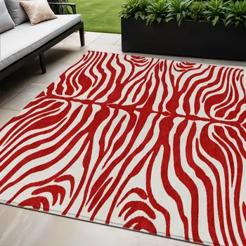 5' X 8' Red And Ivory Animal Print Washable Indoor Outdoor Area Rug