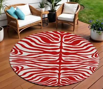 8' Red And Ivory Round Animal Print Washable Indoor Outdoor Area Rug