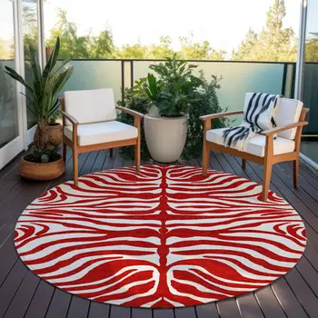 8' Red And Ivory Round Animal Print Washable Indoor Outdoor Area Rug