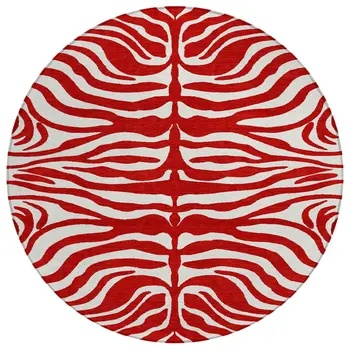 8' Red And Ivory Round Animal Print Washable Indoor Outdoor Area Rug