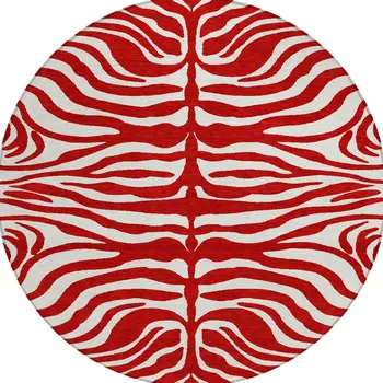 8' Red And Ivory Round Animal Print Washable Indoor Outdoor Area Rug