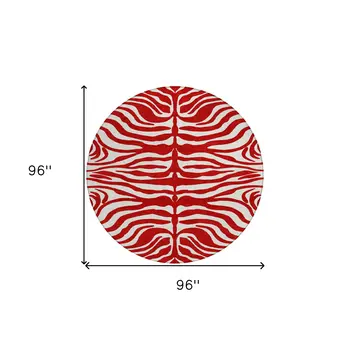 8' Red And Ivory Round Animal Print Washable Indoor Outdoor Area Rug