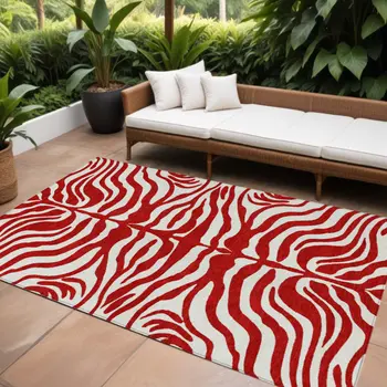8' X 10' Red And Ivory Animal Print Washable Indoor Outdoor Area Rug