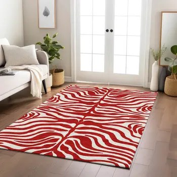 8' X 10' Red And Ivory Animal Print Washable Indoor Outdoor Area Rug