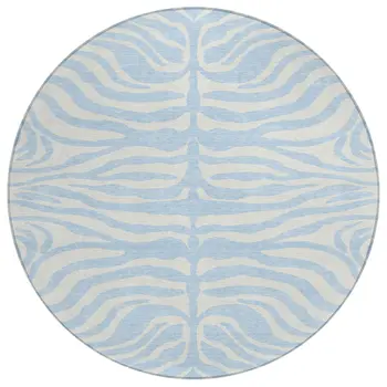 8' Sky Blue And Ivory Round Animal Print Washable Indoor Outdoor Area Rug