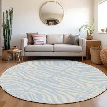 8' Sky Blue And Ivory Round Animal Print Washable Indoor Outdoor Area Rug