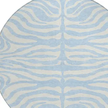 8' Sky Blue And Ivory Round Animal Print Washable Indoor Outdoor Area Rug