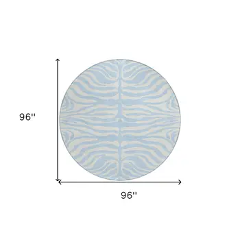 8' Sky Blue And Ivory Round Animal Print Washable Indoor Outdoor Area Rug