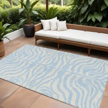 9' X 12' Sky Blue And Ivory Animal Print Washable Indoor Outdoor Area Rug