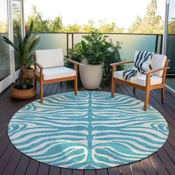 8' Teal Blue And Ivory Round Animal Print Washable Indoor Outdoor Area Rug