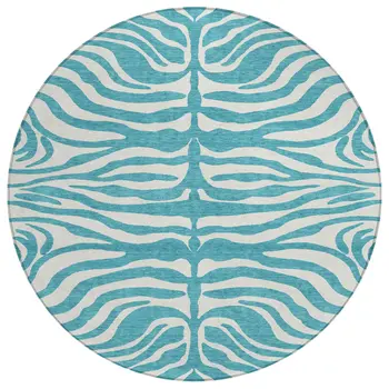 8' Teal Blue And Ivory Round Animal Print Washable Indoor Outdoor Area Rug