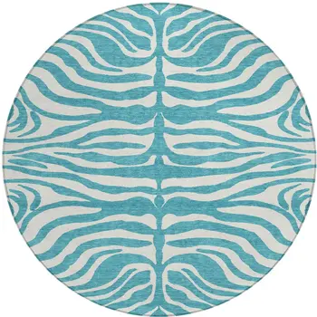 8' Teal Blue And Ivory Round Animal Print Washable Indoor Outdoor Area Rug
