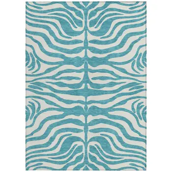 8' X 10' Teal Blue And Ivory Animal Print Washable Indoor Outdoor Area Rug