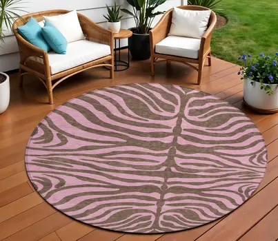 8' Brown And Pink Round Animal Print Washable Indoor Outdoor Area Rug