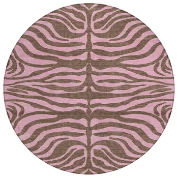 8' Brown And Pink Round Animal Print Washable Indoor Outdoor Area Rug
