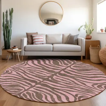 8' Brown And Pink Round Animal Print Washable Indoor Outdoor Area Rug
