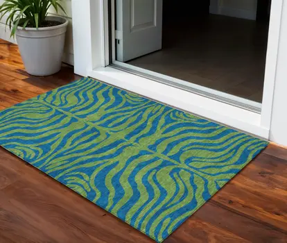 3' X 5' Green And Teal Blue Animal Print Washable Indoor Outdoor Area Rug