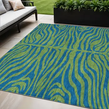 5' X 8' Green And Teal Blue Animal Print Washable Indoor Outdoor Area Rug