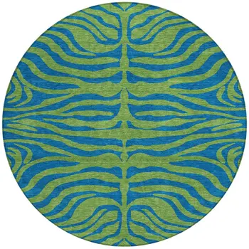 8' Green And Teal Blue Round Animal Print Washable Indoor Outdoor Area Rug