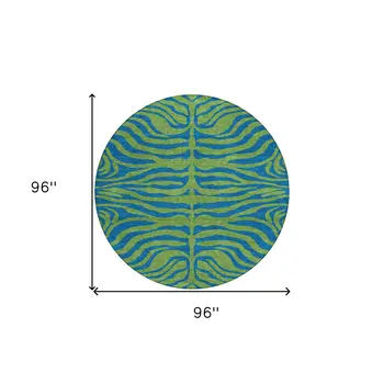 8' Green And Teal Blue Round Animal Print Washable Indoor Outdoor Area Rug