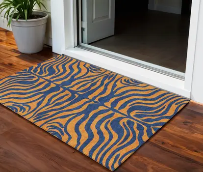 3' X 5' Navy Blue And Pink Animal Print Washable Indoor Outdoor Area Rug