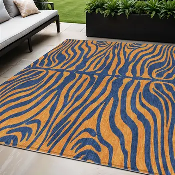 5' X 8' Navy Blue And Pink Animal Print Washable Indoor Outdoor Area Rug
