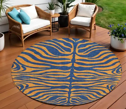 8' Navy Blue And Pink Round Animal Print Washable Indoor Outdoor Area Rug
