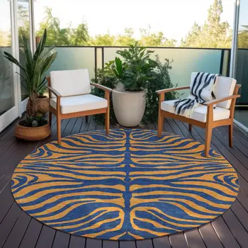 8' Navy Blue And Pink Round Animal Print Washable Indoor Outdoor Area Rug